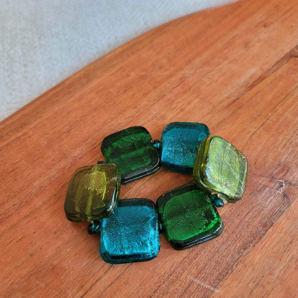 Fair trade Jewel tone square glass beads stretch elastic bracelet